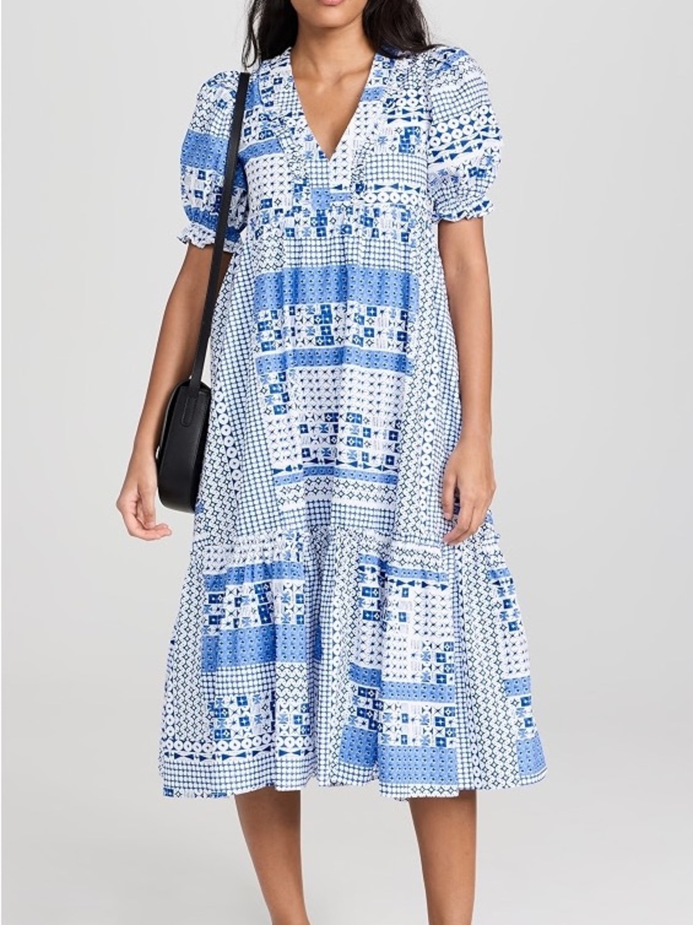 English Factory Blue & White Patchwork V-Neck Midi Dress